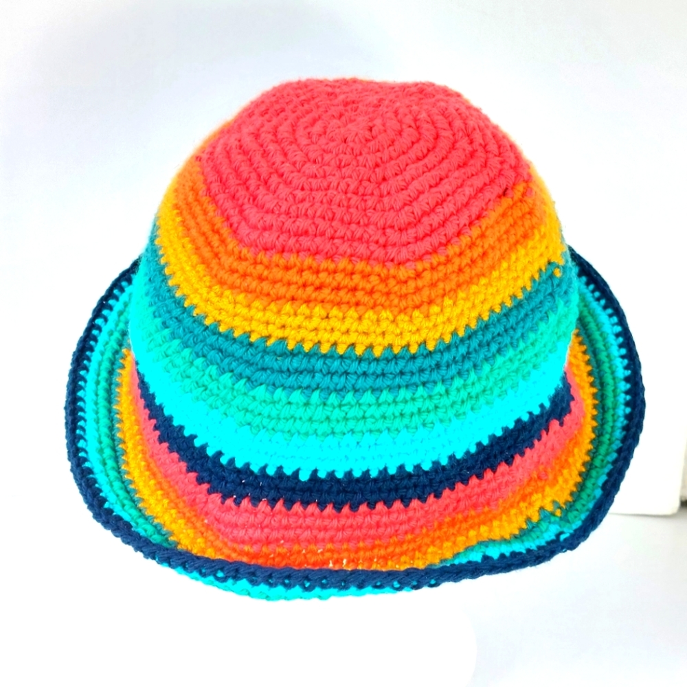 ✌️ Rainbow Crochet Bucket Hat with Leather Head Logo Patch